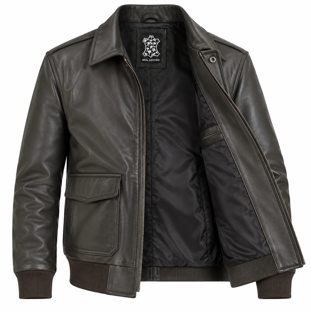 A dark brown leather jacket with a black quilted lining, featuring a zippered front, ribbed knit cuffs and hem, and flap pockets on the front.