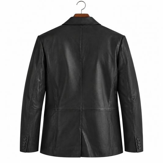 A black real leather blazer jacket shown from the back, hanging on a wooden hanger against a plain white background.