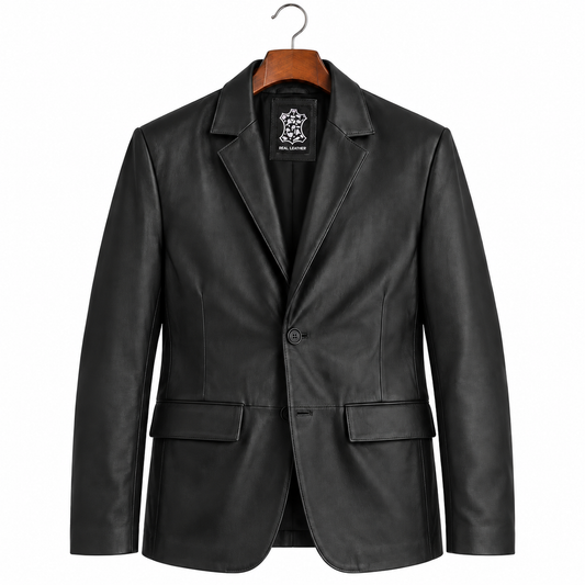  Womens Dylan Black Genuine Leather Two Button Blazer Jacket Front View