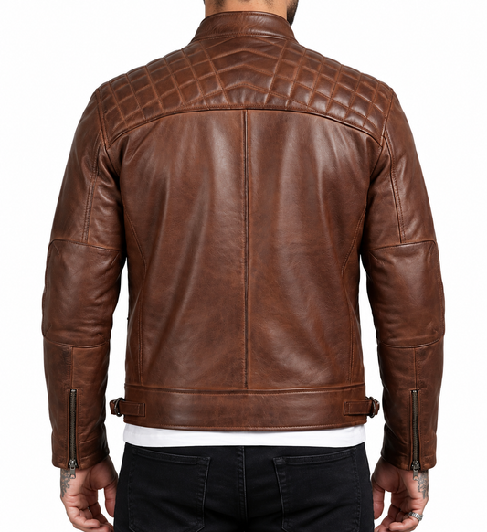 Men's Brown Quilted Café Racer Biker Leather Jacket – Premium Real Leather