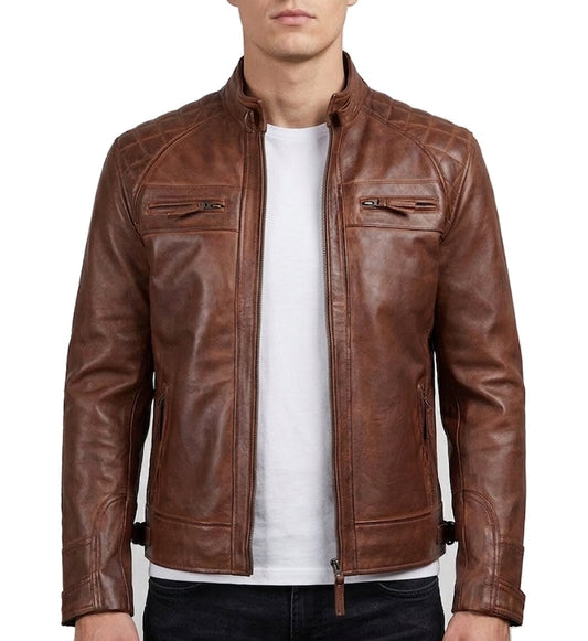 Men's Brown Quilted Café Racer Biker Leather Jacket – Premium Real Leather