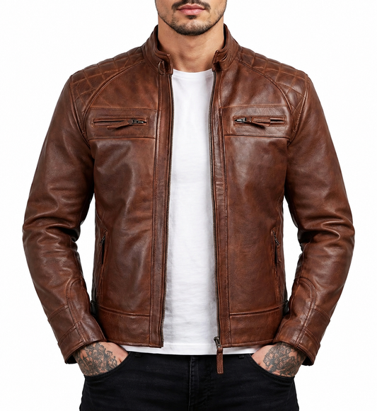 Men's Brown Quilted Café Racer Biker Leather Jacket – Premium Real Leather