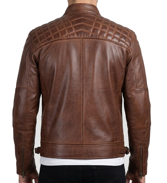 Men's Brown Quilted Café Racer Biker Leather Jacket – Premium Real Leather