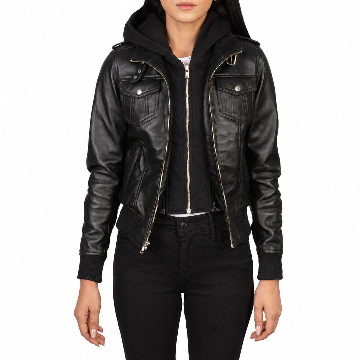 Roslyn Black Hooded Leather Bomber Jacket - Real  Sheepskin Leather