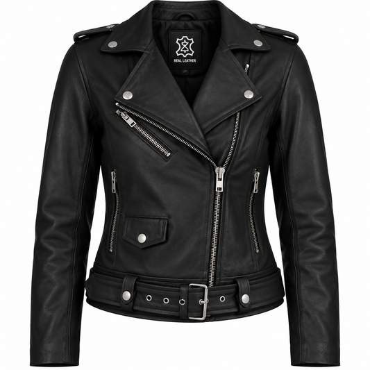 Women's black leather biker jacket front view with asymmetrical zipper, silver hardware, zippered pockets, and waist belt.