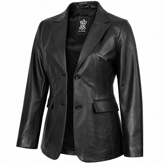Women's black leather blazer with notch lapels and two-button front.
