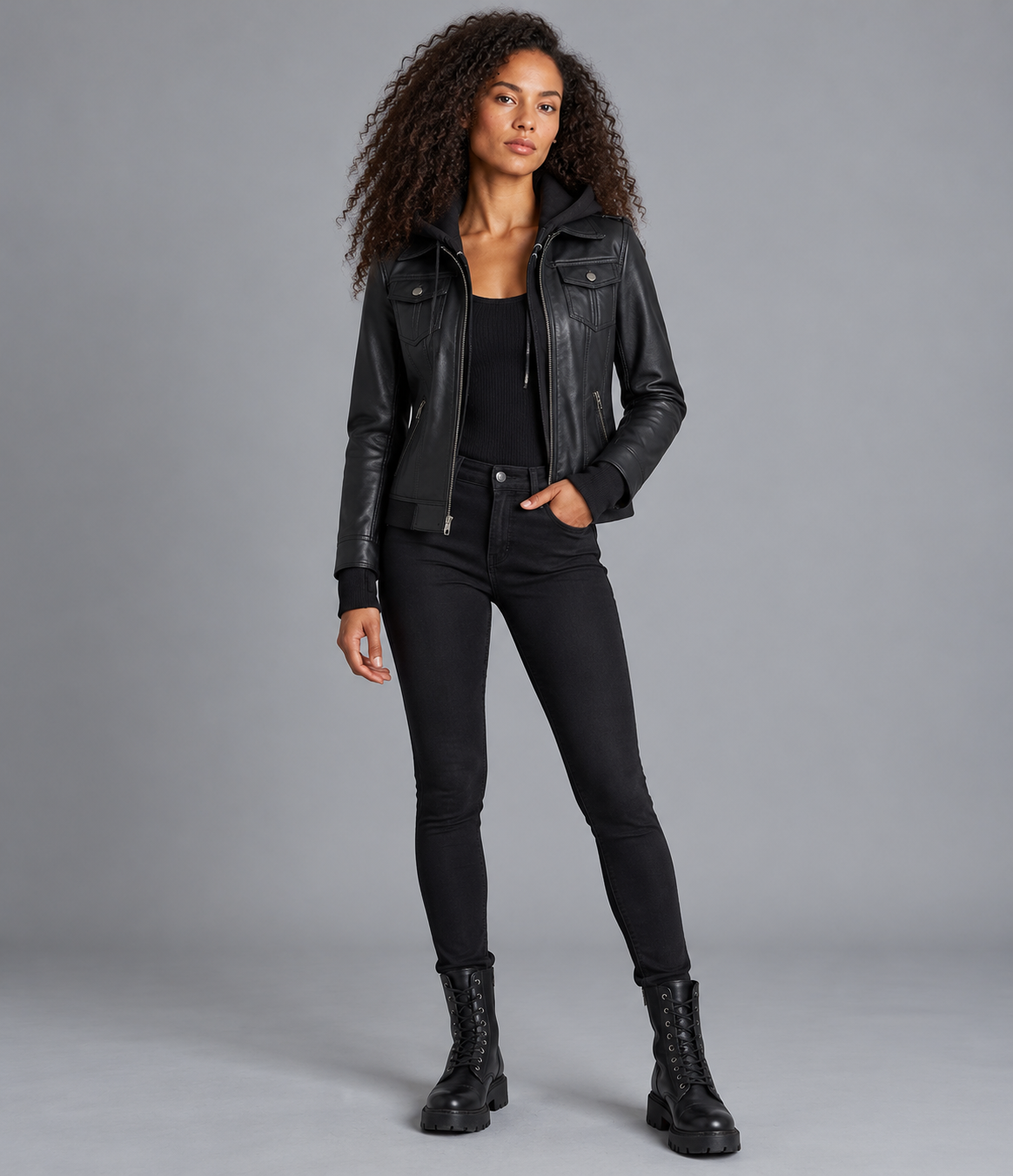 Front view of womens black leather jacket with removable hood