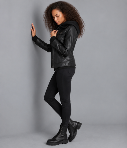A woman modeling a black faux-leather moto jacket with a hood, paired with black skinny pants and black combat boots, posing against a solid gray studio background.