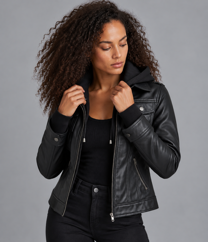Removable hood detail on womens black leather jacket closeup 