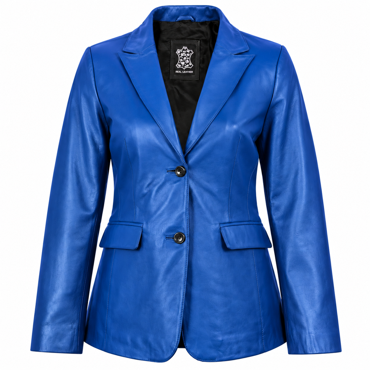 Women's Cobalt Blue Two-Button Lambskin Leather Blazer