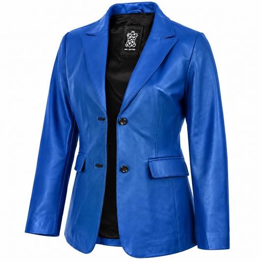 Women's Cobalt Blue Two-Button Lambskin Leather Blazer
