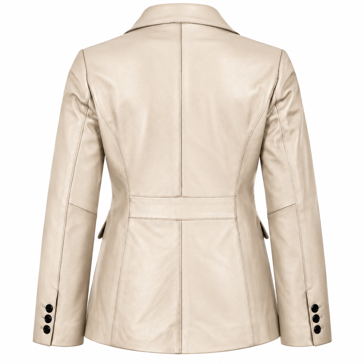 Back view of a women's cream Egret leather blazer with a structured collar, tailored panel seams, fitted waist and three cuff buttons on each sleeve.
