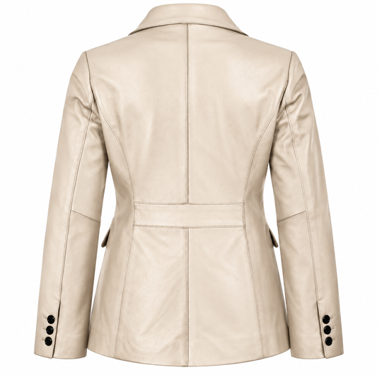Back view of a women's cream Egret leather blazer with a structured collar, tailored panel seams, fitted waist and three cuff buttons on each sleeve.