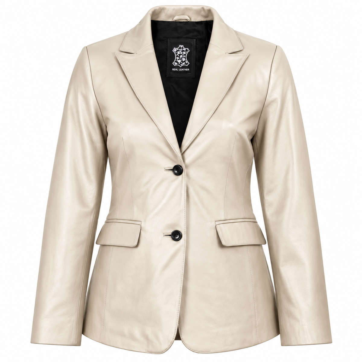 Front view of a women's cream Egret leather blazer with two black buttons, classic notched lapels and two flap pockets.