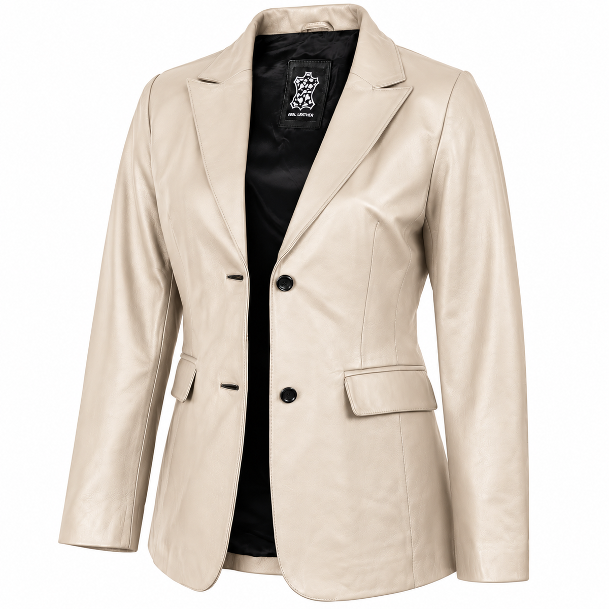 Women's cream Egret leather blazer shown open with notched lapels, black lining, two-button front and flap pockets.