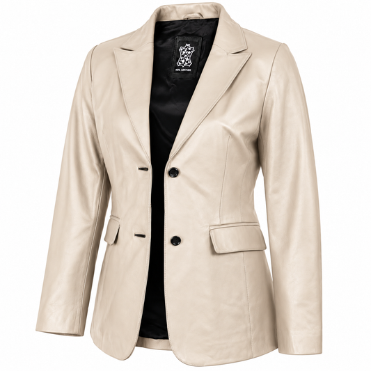 Women's cream Egret leather blazer shown open with notched lapels, black lining, two-button front and flap pockets.