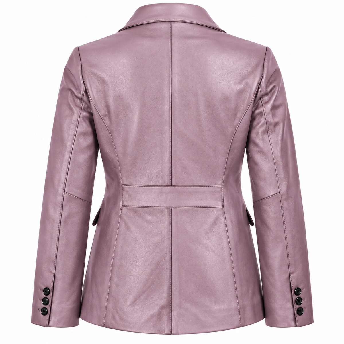 Back view of the women's dusty lavender tailored leather blazer showing its rear panels, long sleeves and curved hem.
