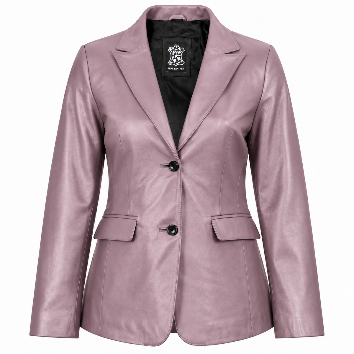 Front view of a women's dusty lavender leather blazer featuring notch lapels, two buttons and front flap pockets.