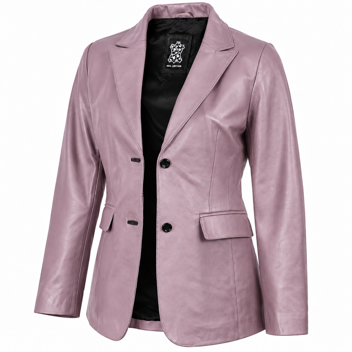 A women's blazer in a dusty lavender-pink real lambskin leather material, featuring notched lapels, two front buttons, and flap pockets, shown against a plain white background.