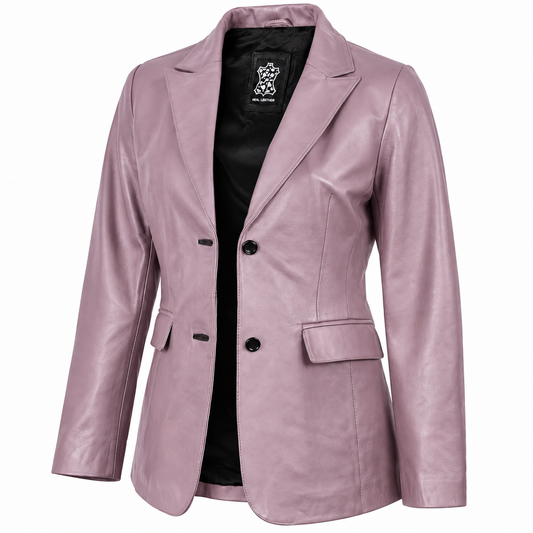A women's blazer in a dusty lavender-pink real lambskin leather material, featuring notched lapels, two front buttons, and flap pockets, shown against a plain white background.