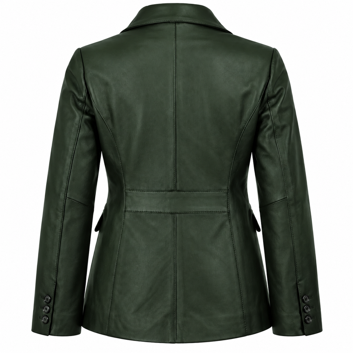 Back view of a women's forest green leather blazer with a shaped waist, tailored seams and three cuff buttons on each sleeve.