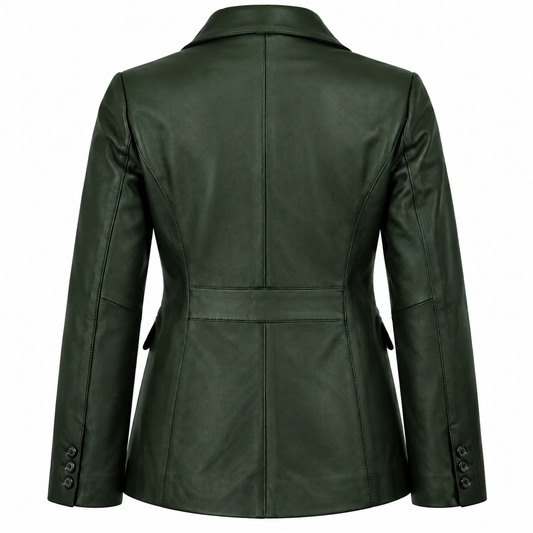 Back view of a women's forest green leather blazer with a shaped waist, tailored seams and three cuff buttons on each sleeve.