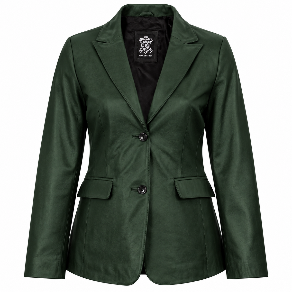 Front view of a women's forest green leather blazer featuring two dark buttons, notched lapels and two flap pockets.