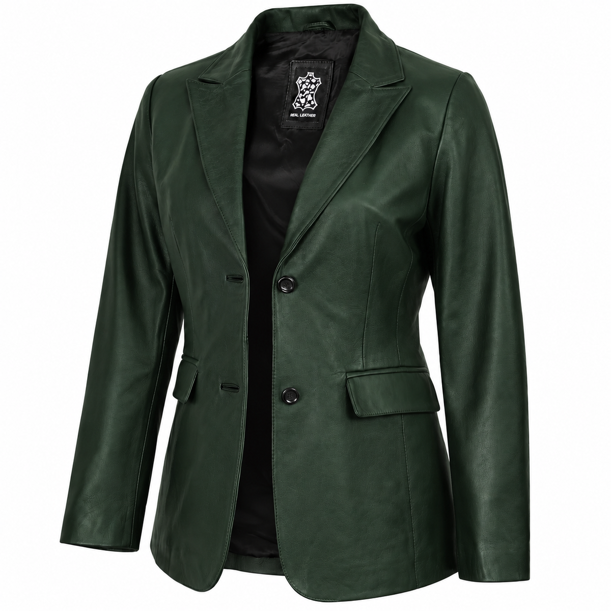 Women's forest green leather blazer shown open with black lining, notched lapels and two-button front.
