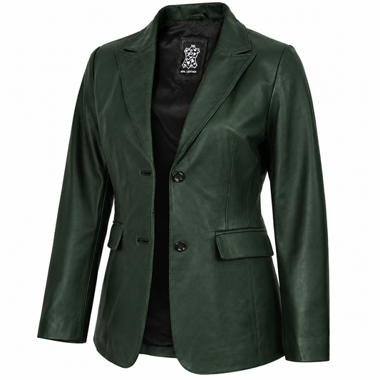 Women's forest green leather blazer shown open with black lining, notched lapels and two-button front.