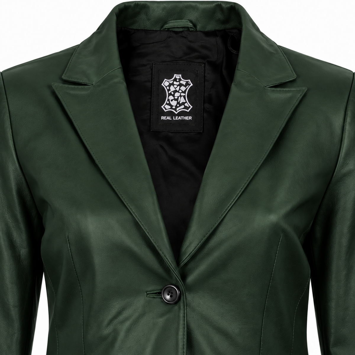 Close-up of a forest green blazer's notched lapels, stitching, dark button and black inner lining.