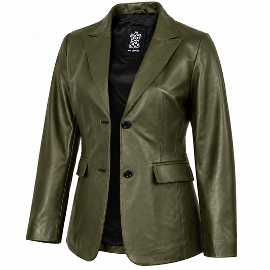 Women's olive green leather blazer with notch lapels, two-button front and flap pockets, shown open.