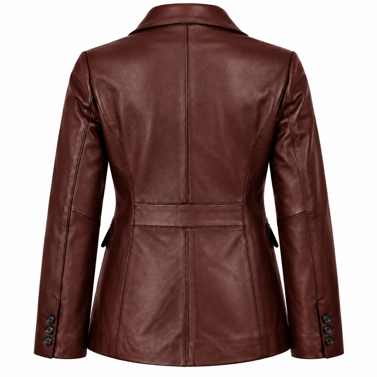 Back view of a women's red mahogany leather blazer with tailored seams, shaped waist and three cuff buttons on each sleeve.