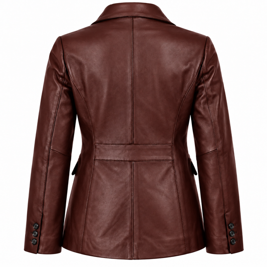 Back view of a women's red mahogany leather blazer with tailored seams, shaped waist and three cuff buttons on each sleeve.
