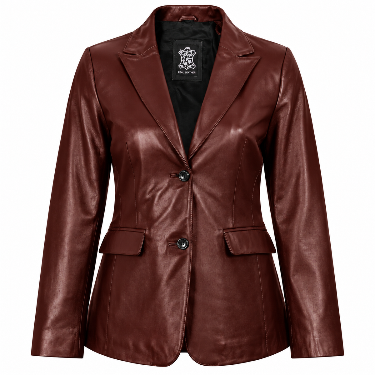 Front view of a women's red mahogany leather blazer featuring two dark buttons, notched lapels and two flap pockets