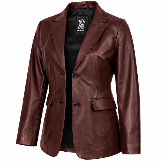 Women's red mahogany leather blazer shown open with black lining, notched lapels and two-button front.